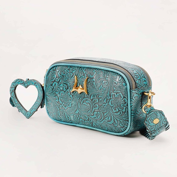 Elegant Teal Embossed Leather Bag LOYAL WEST SOPHIA SHOULDER BAG NEW
